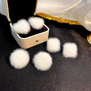 White Fuzzy Round and Heart Pom-Pom Stud Earrings, Alloy Posts