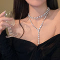 Silver Multi Row Rhinestone Choker Y Lariat Necklace view 2