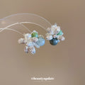 Silver Tone Flower Stud Earrings with Green and Blue Beads view 3