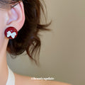 Burgundy Round Stud Earrings With White Bow Accents view 3