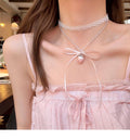 White Lace Pearl Bow and Pink Strawberry Necklace Statement Jewelry view 6