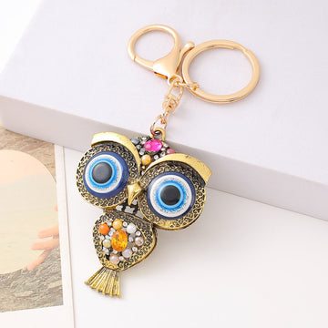 Antique Bronze Owl Keychain Rhinestone Blue Eye Charm