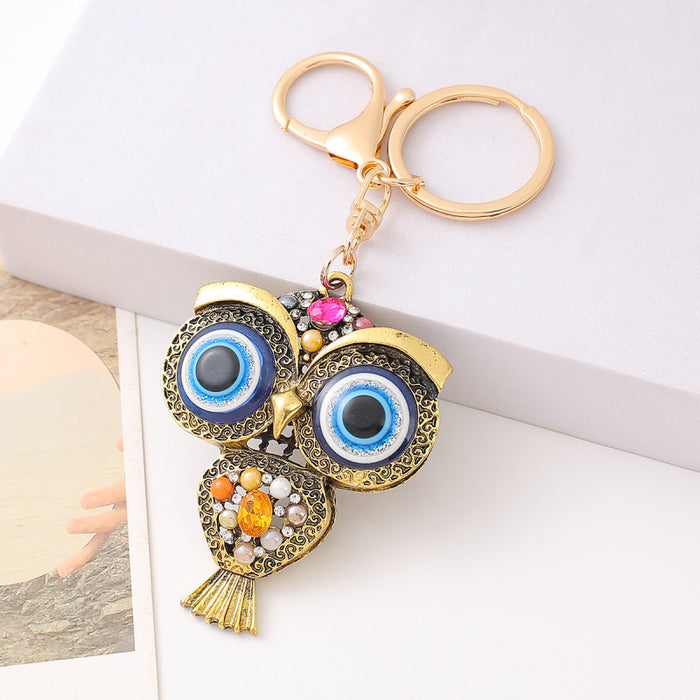 Antique Bronze Owl Keychain Rhinestone Blue Eye Charm