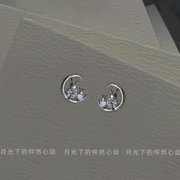Silver Crescent Moon Twin Rabbit CZ Mini Stud Earrings
