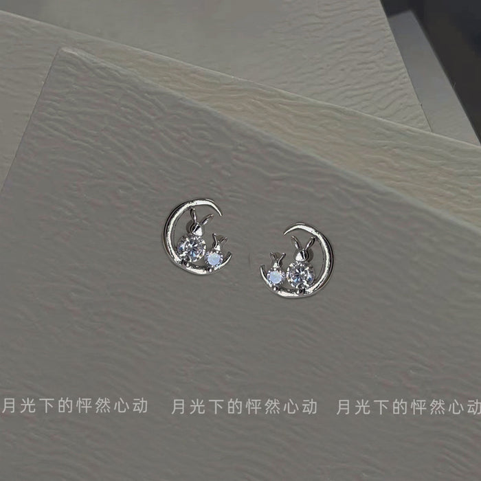 Silver Crescent Moon Twin Rabbit CZ Mini Stud Earrings