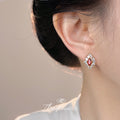Gold Tone Red Oval Crystal Cluster Floral Stud Earrings view 2