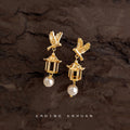Gold Tone Flying Bird Cage And White Pearl Drop Earrings For Women view 4