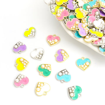 Pastel Enamel Heart Charms with Pearl Accents in Six Colors