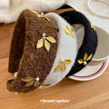 Furry Leaf Pearl Headband Coffee and White Wool Band view 4