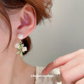Gold Tone White Bell Flower Pearl Branch Drop Earrings view 3