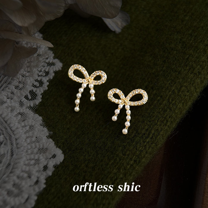 Gold Tone Clear Stone Bow Tassel Stud Earrings For Women