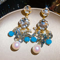 Blue Crystal Floral Drop Earrings in Polished Statement Design view 6