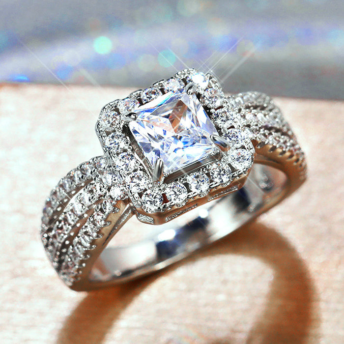 Silver Tone Square Halo Two Band Ring Set With Polished Clear Stone Detail