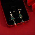 Green Christmas Tree Red Bead Long Dangle Stud Earrings view 4