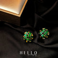 Green Enamel Woven Lattice Round Stud Earrings Gold view 3