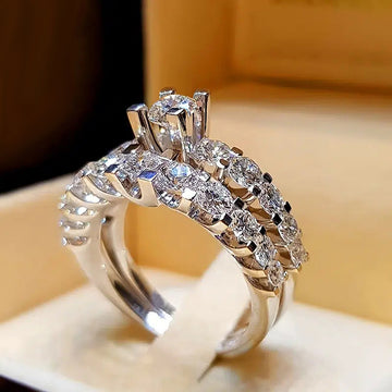 Silver Tone Raised Round Crystal Cluster Ring Statement Jewelry