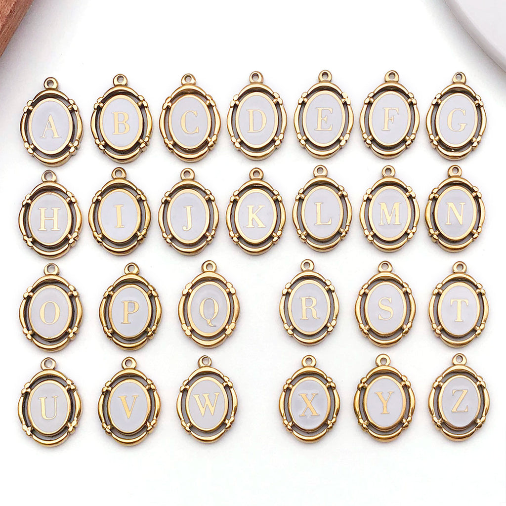 White Enamel Stainless Steel Oval Alphabet Letter Charm Pendant for DIY Necklace Keychain