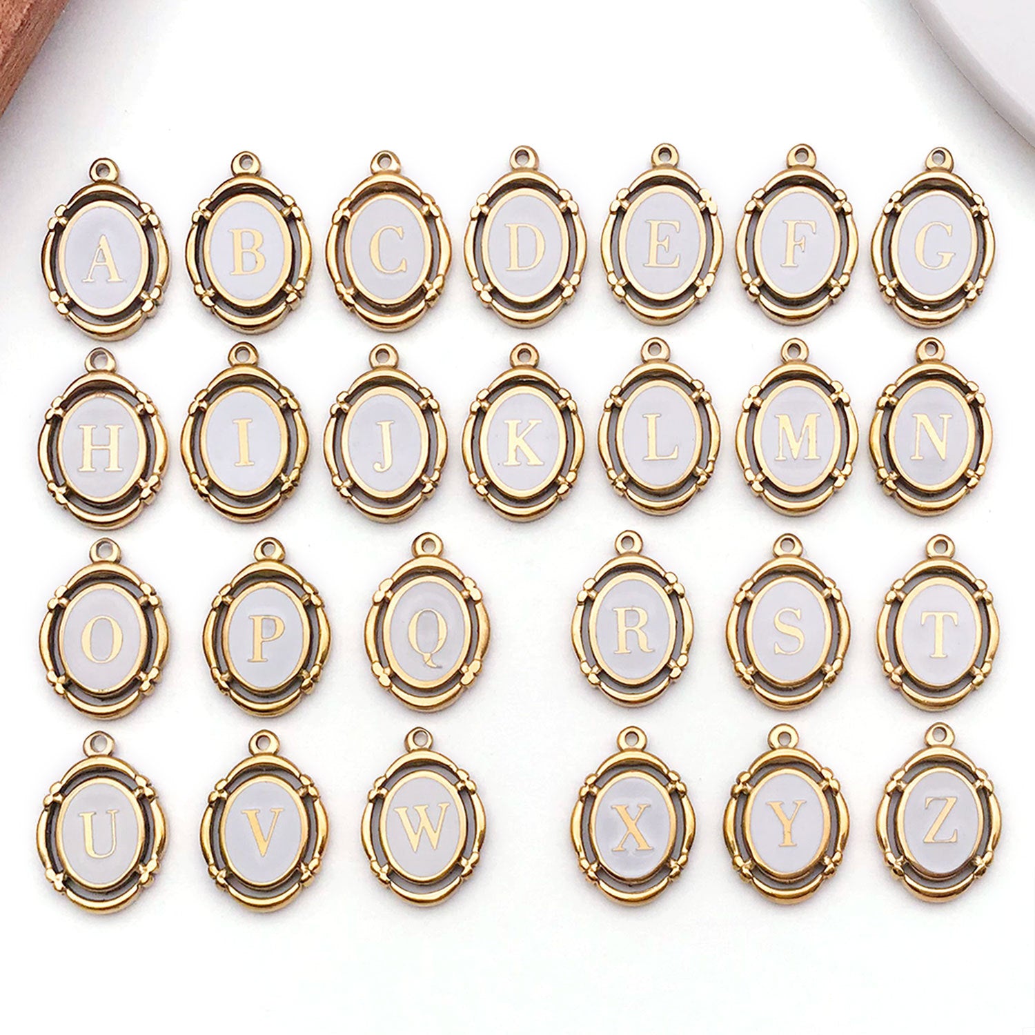 White Enamel Stainless Steel Oval Alphabet Letter Charm Pendant for DIY Necklace Keychain