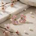 Pink Four Petal Flower Gold Tone Small Stud Earrings view 2