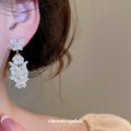 White Flower Cluster Gold Tone Floral Drop Stud Earrings view 3
