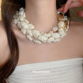 Layered White Shell Chip Statement Necklace with Gold Tone Accent view 1
