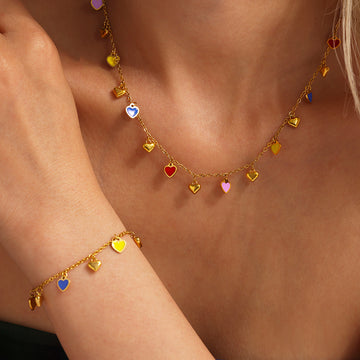 Gold Steel Heart Enamel Charm Necklace And Bracelet Set