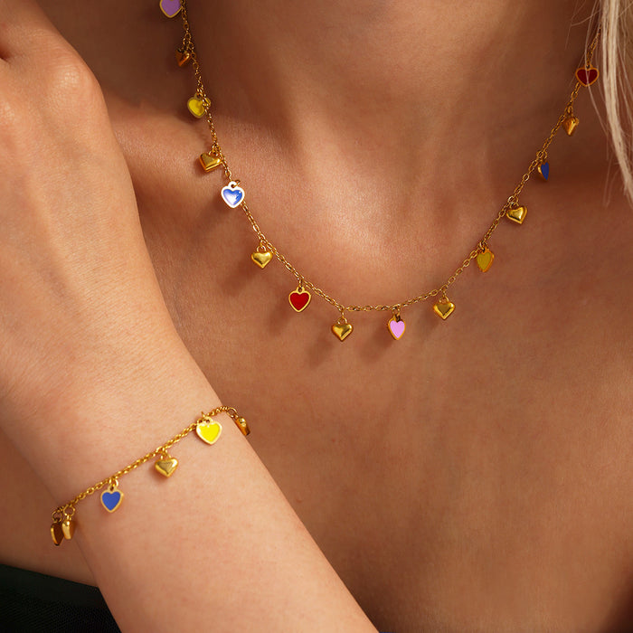 Gold Steel Heart Enamel Charm Necklace And Bracelet Set