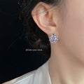 Silver Tone Pale Purple Oval Stone Floral Halo Stud Earrings view 2