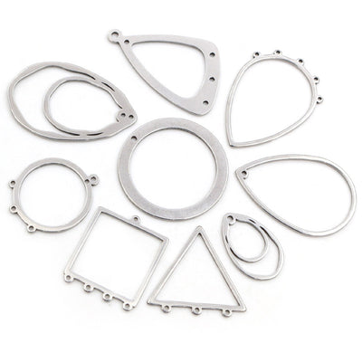 Geometric Multi Loop Pendant Connectors in Ten Shapes assortment on a plain background