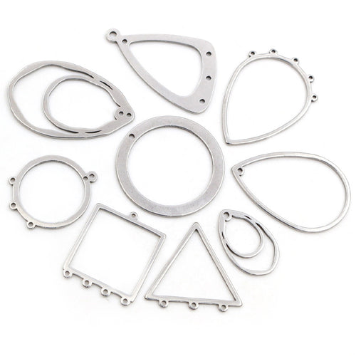 Geometric Multi Loop Pendant Connectors in Ten Shapes assortment on a plain background
