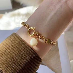Gold Plated Square Link Chain Pearl Charm Bracelet