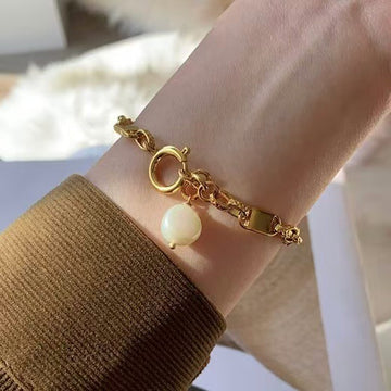 Gold Plated Square Link Chain Pearl Charm Bracelet