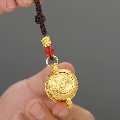 Brass Zodiac Wealth Bowl Keychain with Braided Pixiu Charm Cord