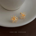 Gold Tone Round Tip Firework Burst Sculpted Stud Earrings For Women view 4