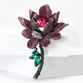 Magenta Rhinestone Lotus Brooch Green Stem Large Crystal Center view 3