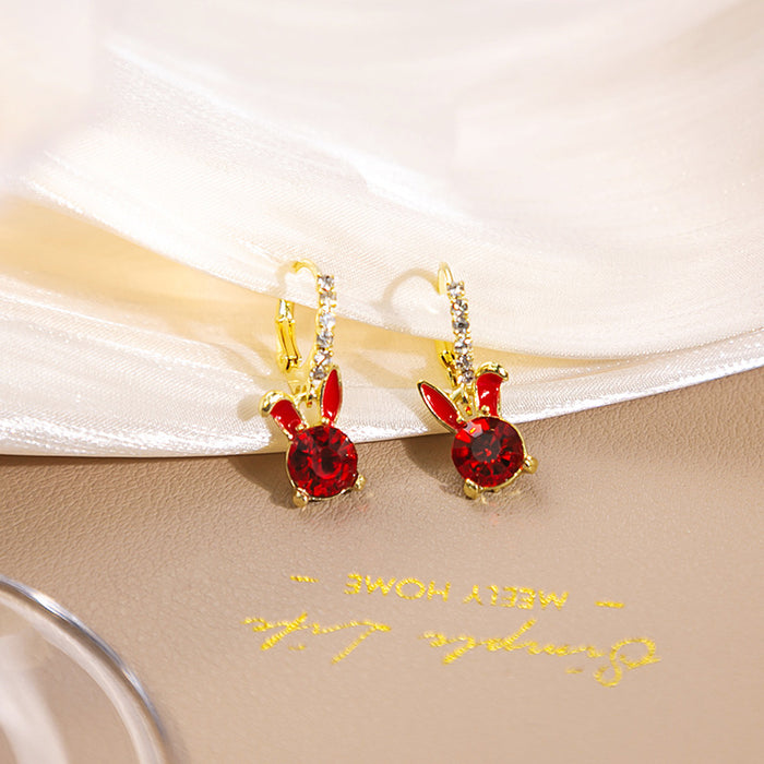 Gold Red Crystal Bunny Rabbit Huggie Hoop Earrings