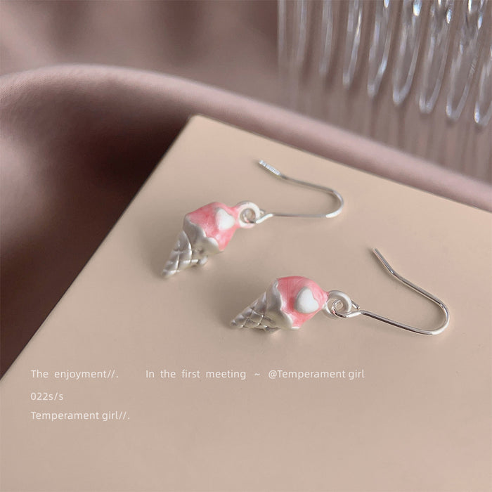 Pink Ice Cream Cone Drop Earrings Silver Hook Pair