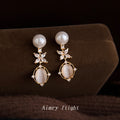 Gold Pearl Drop Earrings Oval Cat Eye Stone Crystal Flower view 4