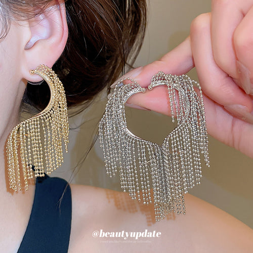 Front view of metal beaded chain fringe stud earrings in two tones