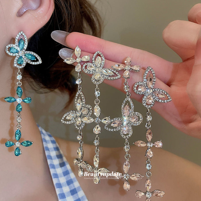 Crystal Butterfly Long Tassel Drop Earrings in Three Colors