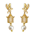 Gold Tone Flying Bird Cage And White Pearl Drop Earrings For Women view 5