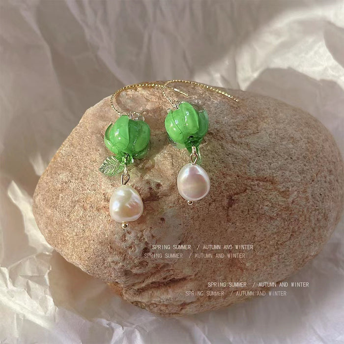 Glass Flower Bud Pearl Drop Earrings Gold Wire Hooks