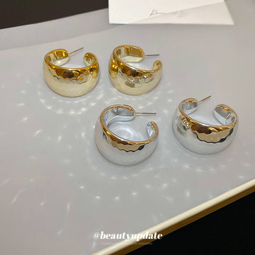 Wide Hammered C Hoop Earrings in Gold and Silver Tones