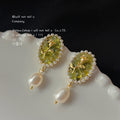 Gold Tone Olive Green Oval Stone Pearl Halo And Drop Stud Earrings view 4