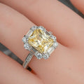 Yellow Emerald Cut Halo Crystal Ring Silver Tone Sizes 6-10 view 2