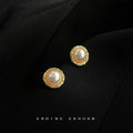 Gold Tone Twisted Frame White Pearl Round Stud Earrings view 4