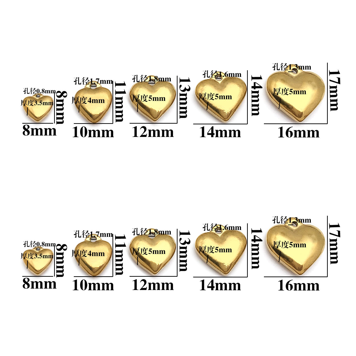Vacuum Plated Stainless Steel Heart Charm Pendant for DIY Earrings Necklace Jewelry