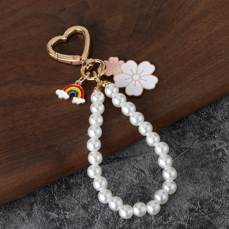 Two Tone Flower Rhinestone Keychain with Pearl Letter Bag Charm Pendant