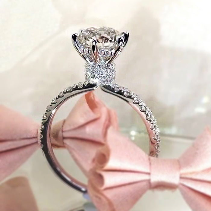 Silver Round Solitaire CZ Pavé Band Ring Sizes 6-10