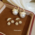 Pearl Cherry Flower Stud And Gold Tone Hoop Earrings view 3